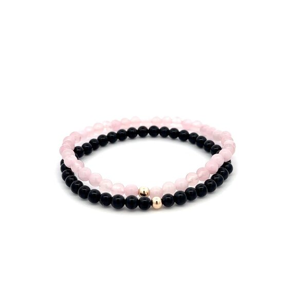 Onyx & Rose Quartz Gemstone Stretch Bracelet with 14K Gold Accent Bead Handmade - Picture 1 of 6